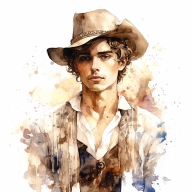 beautiful stunning handsome vintage cowboy young man, tarot style, paint art style, clipart, white background, superrealistic, one of a kind