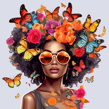 beautiful and chic African woman clipart, Independence Day, Black Girl Magic, Black Queen, with beautiful butterflies, and flowers, wearing beautiful sunglasses, 8k,v5