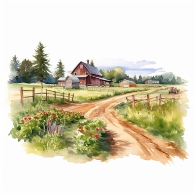 watercolor highly detailed and realistic rustic farm field, clipart, white background