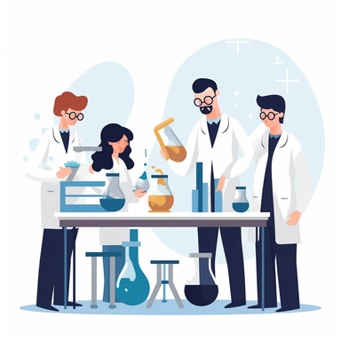 a group of people working in a lab, clipart, 2019 trending photo,flasks, amazing background theme, pure white background, professor clothes, the backroom, tables,website banner, official illustration,