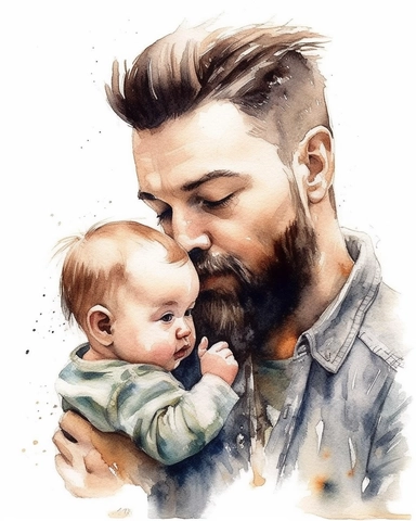 DESIGN A MAGNIFICENT AND EXQUISITE BREATHTAKING ONE-OF-A-KIND HIGH QUALITY HIGHLY DETAILED MASTERPIECE WATERCOLOR CLIPART ILLUSTRATION OF A man holding his baby by a beard, in the style of cheerful colors, sketchfab, candid moments captured, epic portraiture, ULTRA REALISTIC, WHITE BACKGROUND, NO FONT, NO TEXT, NO WORDS, NO WATERMARK