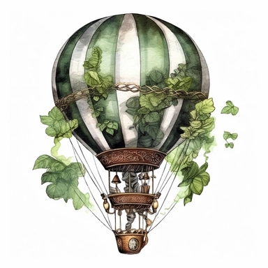 Steampunk styled air balloon with watercolor effect,unrealistic fantastic,white background,suitable for digital cliparts,fantastic scene,high quality,leaves,ivy,green plants