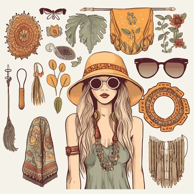 Boho Fashion Accessories: Design clipart showcasing bohemian fashion accessories like wide-brimmed hats, layered necklaces, statement earrings, fringed bags, flowing scarves, and boho-inspired clothing pieces. These elements can be incorporated into fashion illustrations or used in fashion-related designs with vibrant colors, organic shapes, and a sense of free-spiritedness to capture the essence of bohemian decoration.