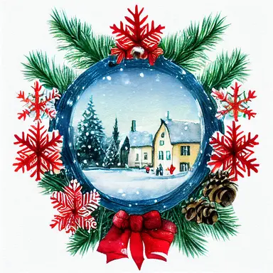 christmas, cute English country cottage, symmetrical, winter, snow, watercolor, clipart