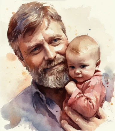 DESIGN A MAGNIFICENT AND EXQUISITE BREATHTAKING ONE-OF-A-KIND HIGH QUALITY HIGHLY DETAILED MASTERPIECE WATERCOLOR CLIPART ILLUSTRATION OF A man holding a baby, in the style of joyful and optimistic, candid portraits, watercolor illustrations, daniel jaems, paul hedley, dark orange and light magenta, pentax k1000