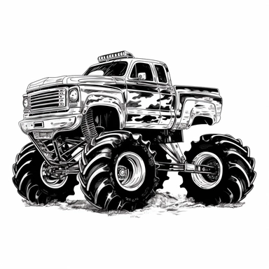 black and white monster truck clipart, 2d vector , sharp resolution, white background