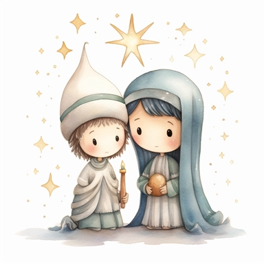 A watercolor painting of a cute nativity with Mary and Joseph, Christmas, cute detailed digital art, inspired by nicoletta ceccoli, by Kubisi art, whimsical and cute, by nicoletta ceccoli, cute detailed artwork, glimmering, adorable and whimsical, whimsical art, Clipart style, png style, svg style, blank white background, a solid white background