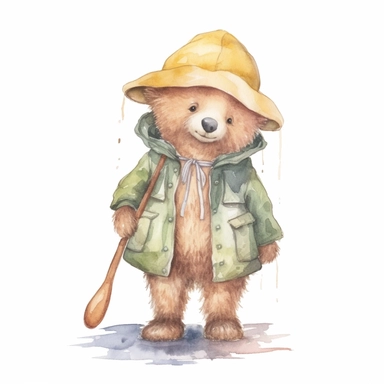 a Cute Happy Bear in clothing in the style of Watercolor Kate Greenaway Clipart, White Background