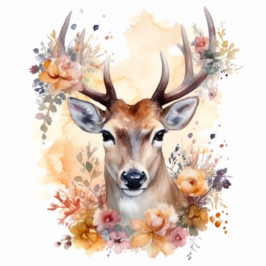 magestic Watercolor deer with antlers clipart, Wild animal in flowers clipart, Flower antlers, watercolor illustration, realistic, soft colors, golden hour, multi-layered, hd--no watermarks, no text