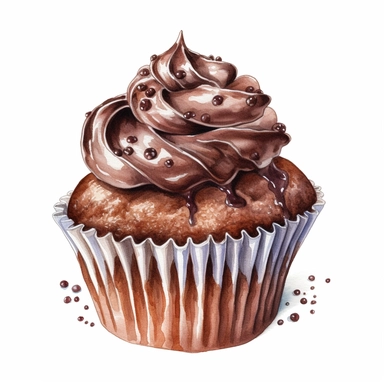 Watercolour of chocolate cupcake, Clipart,Cartoon,hyper realistic, intricate detail isolated on a white background, high quality, sublimation, detailed, cartoon style