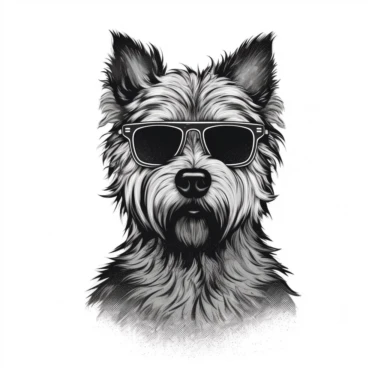 Australian Jungle Terrier wearing sunglasses , vintage, detailed, logo, clean, solid color, black and white color, clip art style, vector style, white background, i can't believe how cool this is
