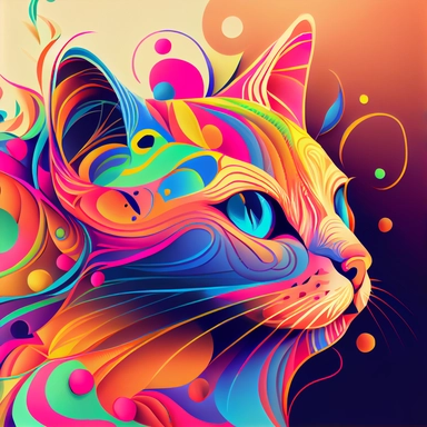energizing colorful cartoon cat clipart , simple, cute, happy, art, crafty, pattern, psychedelic , groovy , hi-res contrast