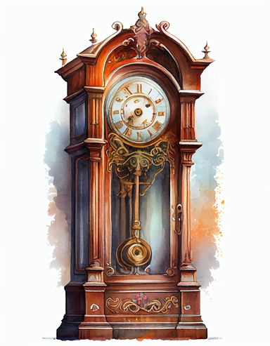 detailed watercolor vintage grandfather clock, realistic, isolated on white backgorund, clipart