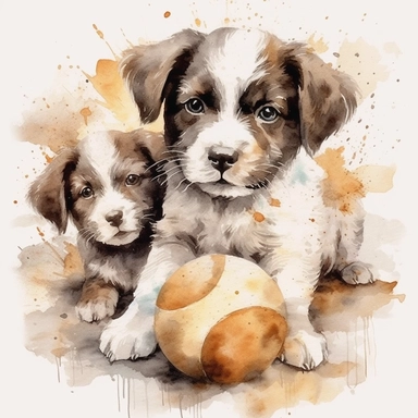 Watercolor puppies playing, with ball of wool Clipart - cute dogs , Colour of brindle brown and cream, white background, vector art, high definition, clip art, ar 2:2