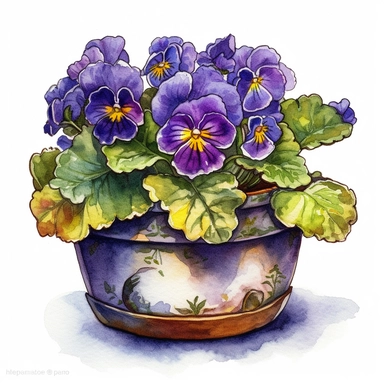 watercolor clipart of a beautiful healthy african violet, in a beautiful intricate pot on a white background and contoured
