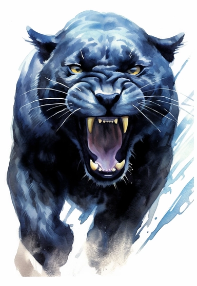 realistic, life like image of a solid black adult panther, with large white fangs showing, watercolor clip art, white background , artist rendition, sharp focus, extreme detail,