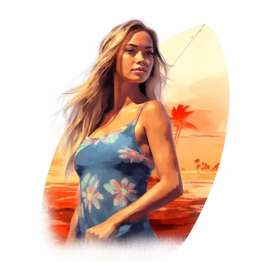beautiful stunning pretty young surfer hawaiian woman , paint art style, clipart, white background, superrealistic, one of a kind