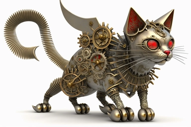 clipart, A beautiful cute steampunk cat made entirely of metal gears, cogs, and clockwork mechanisms, with glowing red eyes, ready to take flight on a steam-powered plane, hd, on white background,