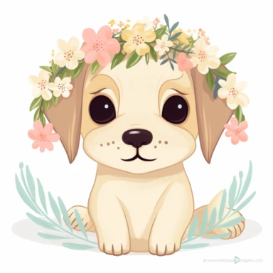craft an irresistibly cute clipart design featuring an adorable Labrador Retriever puppy wearing a floral crown on its head, rendered in a chibi kawaii style. Emphasize the overwhelming cuteness of the little creature by accentuating its large, sparkling eyes, soft fluffy fur, and a heartwarming expression. Let the floral crown add a touch of whimsy and charm, with delicate blossoms gracefully adorning the Labrador Retriever puppy's ears. Set the composition against a clean white background, all