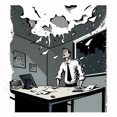 clipart réaliste, fond blanc, faux plafond menace de s'effondrer au dessus d'un bureau