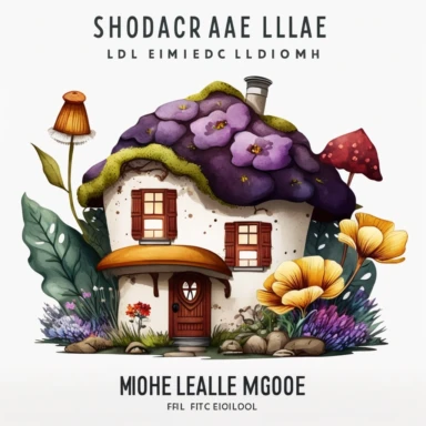A cottage style home made out of a mushroom in a watercolor styled illustration, clipart, mythical aura, dark colors, featuring spring elements such as foliage and flowers, flat white background, heavy contrast between mushroom and background, high quality, UHD, sharp lines,
