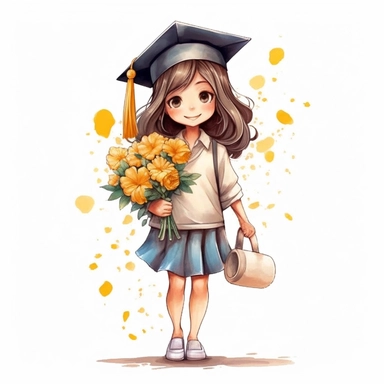 cute cartoon graduation girl with flower bouquet full body illustration clipart, detailed, outline, white background, hd, watercolor, digital art