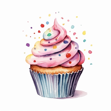 Delicious cupcakes with 'Happy Birthday' sprinkles clipart, white background, watercolor drawing