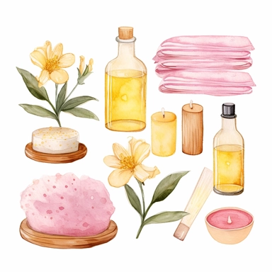 basic watercolor pink spa with yellow accent in minimal hand drawn style, Etsy, textured, clipart, white background