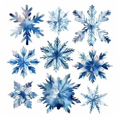 different blue snowflakes watercolour clipart, white background