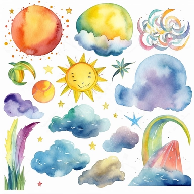 watercolor clipart graphics, weather theme, clouds, sun, rain, moon, wind, snow, lightning, sun, rainbow isolated elements, cohesive sticker set