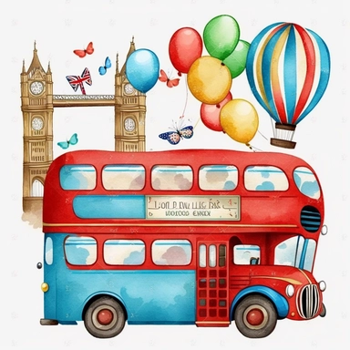 a pixar cartoon red double decker bus with rounded edges driving past perspective view of tower bridge red blue gold balloons an buntings Etsy watercolor clipart svg white background