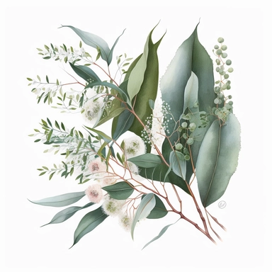 a vibrant clipart image of green eucalyptus foliage, featuring branches adorned with white gum blossoms in soft shades ,white background,no texte