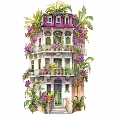 Orchid Townhouse - From the Whimsical Botanical Dwellings collection, this watercolor clipart displays a sophisticated townhouse designed entirely out of Orchid Elegance and Fern Green orchids. The tall, multistory dwelling is a visual treat, with the deep purple orchids making the edifice and the green leaves adding beautiful detailing. The Orchid Townhouse stands out in full color and detail from the white background. Peony Carriage House - Part of the Whimsical Botanical Dwellings collection,