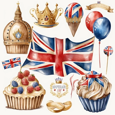 british cakes, union jack theme, large shinny gold king crown, buntings, birthday red blue gold balloons symbolic objects icons detailed pencil watercolor illustration clipart pure white background #FFFFF