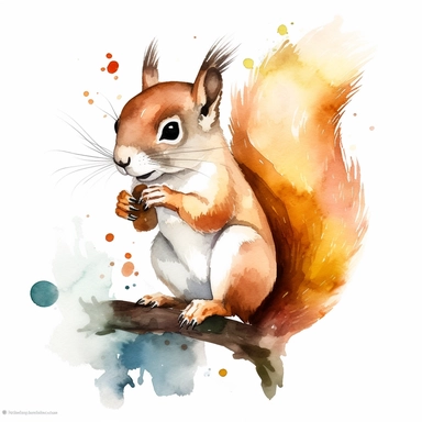 Create a clipart of a curious cartoon squirrel sitting on a tree branch, with its paws held up to its face as if observing something interesting. The squirrel's fur should have distinct brushstrokes, and the watercolor application can add a sense of lightness and fluidity to the illustration. The white background will provide a clean and fresh look, making the squirrel appear vibrant and inviting.