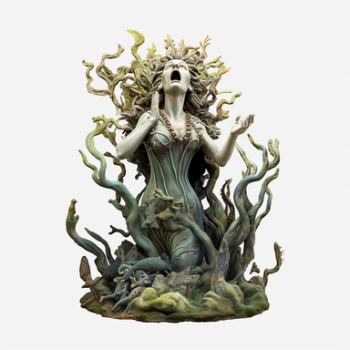 Mysterious style overrealistic screaming woman statue covered mosses and seashells bottom of the sea with watercolor effect,realistic face features,dark colours,deep water,fade colors,mystic undersea town,sea plants,coral and mussel,underwater details,suitable for digital clipart,white background no physical deformation,realistic features,full body,fantasy scene ,random fishes,dark effect,sea plants