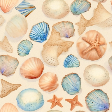 A watercolor painting clipart of detailed realistic sea shells and star fish with soft pastel blue and beige colors bringing out the beauty of the sun, sand, and sea painted with a simple and elegant watercolor style on a light sandy background