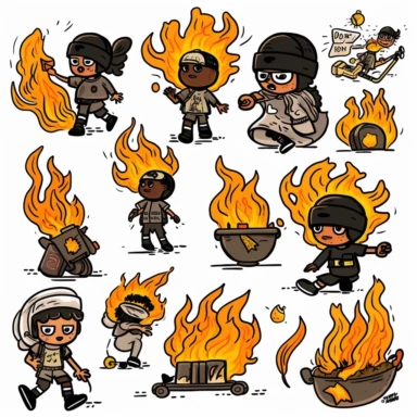 /imaginea set of black line clipart inspired by live fire cooking and barbecue and Lego and Funko Pop toys