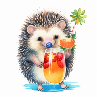 create a clipart featuring a cute hedgehog illustration, vibrant colors, watercolor, summer vibes, beach, Hawaiian vibes, cocktail drink, fruits, realistic, minimal, against a white background