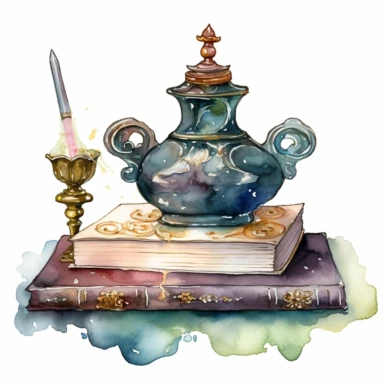 in elaborate fantasy imagery, an inkwell with an ornate fountain pen is sitting next to a single book watercolor clipart--no text no watermark