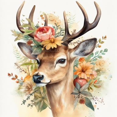 magestic Watercolor deer with antlers clipart, Wild animal in flowers clipart, Flower antlers, watercolor illustration, realistic, soft colors, golden hour, multi-layered, hd--no watermarks, no text