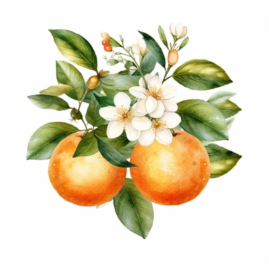 This highly detailed watercolor clipart features a captivating orange fruit surrounded by delicate leaves and blossoms in the background. The artwork exudes a serene and natural ambiance with its neutral color palette, presented against a clean white backdrop. The orange is meticulously rendered, showcasing its textured peel and vibrant hue, while the surrounding leaves and blossoms add a touch of botanical elegance. The watercolor technique adds depth and realism to the clipart, creating a visu