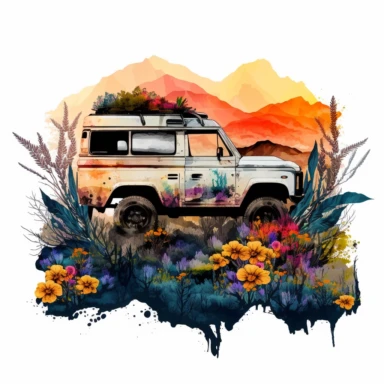 water color offroad floral decorated adventure car 4*4 vehicle truck between high mountains and trees and flowers, vivid colors, sunset, clipart, hd, white background