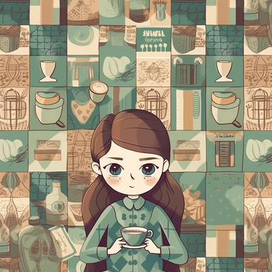 Create a seamless repeat tile pattern where a girl is hiding behind an open book and drinking a cup of coffee, all rendered in a clipart doll style. The girl should be positioned in the center of the tile, with the book covering most of her face and the coffee cup held in front of her. The background could be a mix of muted blues, greens, and browns, with splashes of brighter colors to create a sense of whimsy. The book and coffee cup could be rendered in more detail, with soft, flowing watercol