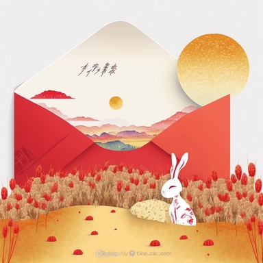 clipart, hand painted, watercolor, vectors, white background, sharp focus, highly detailed, Rabbit, Chinese New Year, Bright Red, Celebration, Colorful Confetti behind, Cute, Cheerful, Disney style, Moon behind, beautiful chinese landscape with yellow barley field and ancient pagoda behind, many hong bao envelopes, wide angle