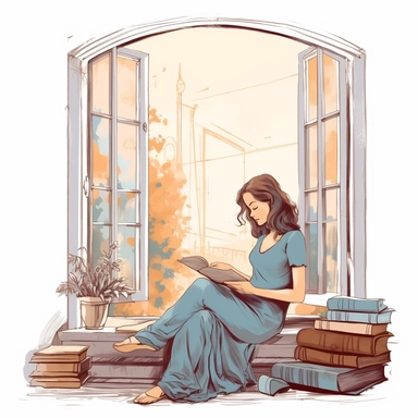 Girl Reading in a Window Seat: A clipart of a girl sitting in a window seat, surrounded by vintage books and enjoying a peaceful reading moment retro look vintage blueish colors pale colors pastel graphic vector illustration painting oil painting da vinci style white background