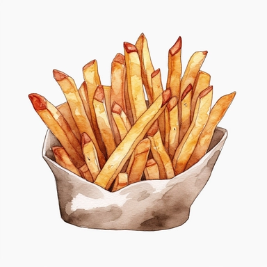 High Detail clipart of Fries, no sauce, no lines, no outlines, clipart, featured on dribble, american Dinner clipart, minimalist, computer vector graphic design clip art, watercolor illustration clipart, watercolour clipart, watercolor illlustration for Recipe Books, book illustration, print on demand image, PNG tranparent background