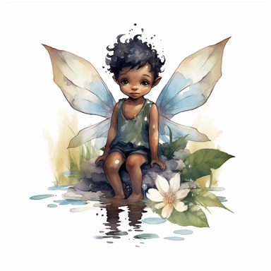 ultra beautiful cute baby boy black skin fairy elf, pixie with beautiful buttefly style wings in a sitting position holding a flower in the woods clipart, water color illustration, mary cecily baker style