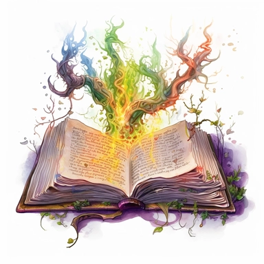 Solid white background, Detailed watercolor open ancient magic book with carnivorous vines swelling from the book's pages clipart. The visable pages of the book have fire etched runes on them visibly.