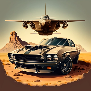 a muscle car with an air intake in the engine hood, with an army helicopter in the background, realistic, steppe, mountains in the background, speed and dust, intricate details, clipart